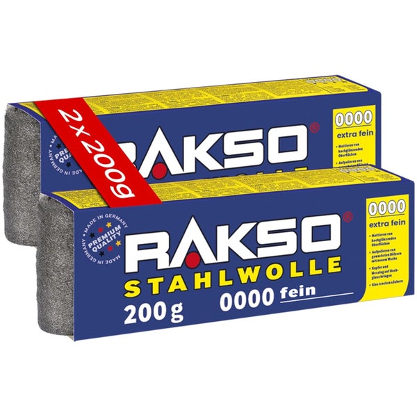Zwei Packungen Rakso Stahlwolle, Feinheitsgrad 0000 extra fein, jeweils 200 Gramm.