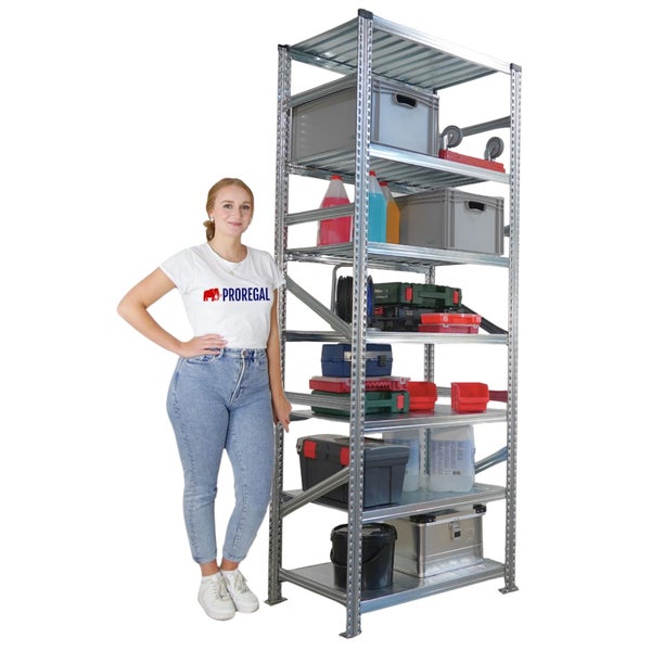 Hohes Metallregal mit sechs Ebenen und einer Frau