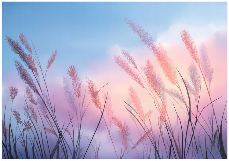 Illustration von Gräsern vor einem farbenfrohen Himmel