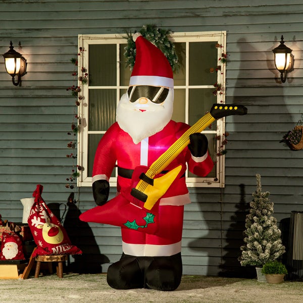 Outsunny 215 cm Aufblasbarer Weihnachtsmann mit E-Gitarre, LED Selbstaufblasend, 140L x 75B x 215H cm, Polyester, Rot