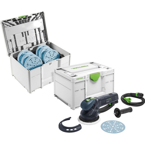 Festool Getriebe-Exzenterschleifer ROTEX RO 150 FEQ-Plus mit zwei Systainern, Schleifscheiben, Zusatzhandgriff und Netzkabel.