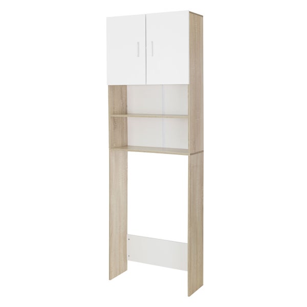 ECD Germany Waschmaschinenschrank mit 2 Türen und 2 offenen Fächern, 190x62,5 cm, Weiß/Sonoma-Eiche, Badezimmerschrank für Waschmaschine/Trockner, Hochschrank Badschrank Badregal Waschmaschinenüberbau