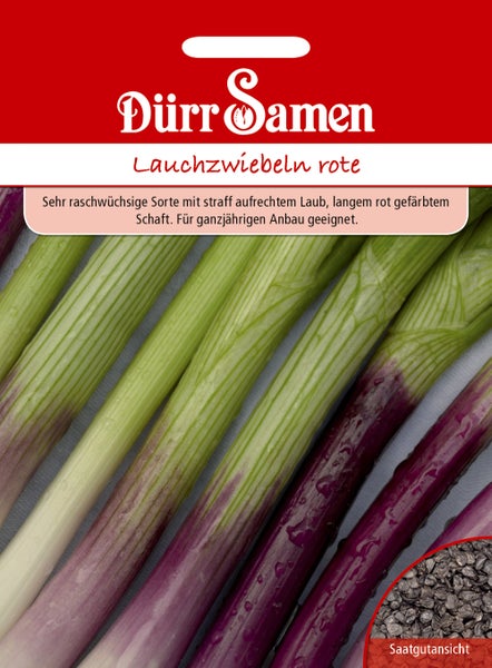 Dürr Samen Logo, Samentüte Lauchzwiebeln rote, Abbildung der roten Schäfte und Saatgutansicht.
