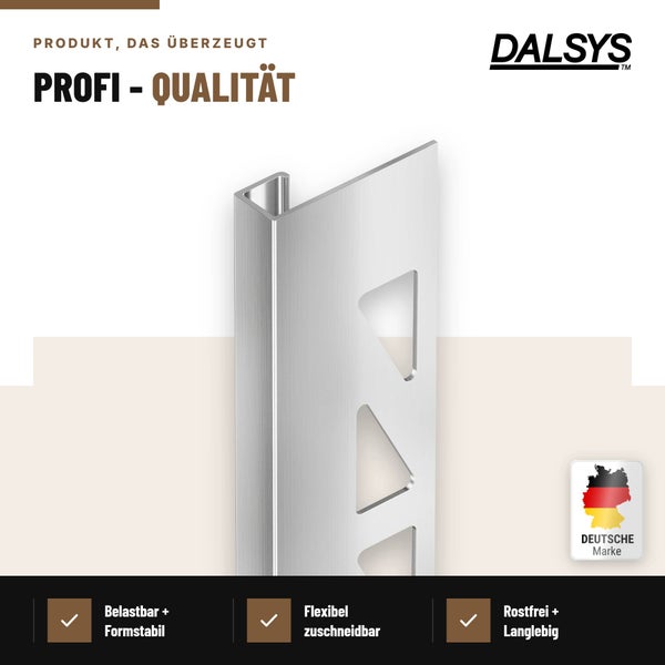 Dalsys Fliesenprofil aus Metall mit Lochsteg zur Kantenstabilisierung und für saubere Übergänge an Fliesen.