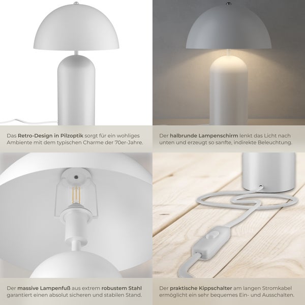 tectake Altea Kleine Retro-Tischlampe Altea, Pilzdesign, 40W 25 x 37 cm weiß