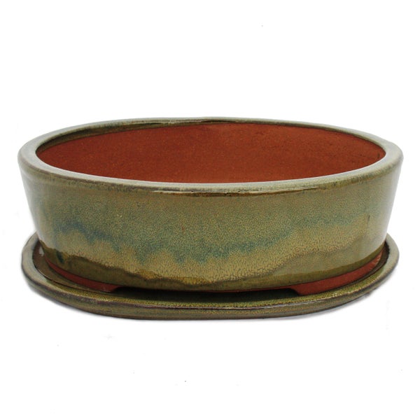 Bonsai-Schale mit Unterteller Gr. 5 - oliv-braun - oval O1 - L 31cm - B 24cm - H 9cm