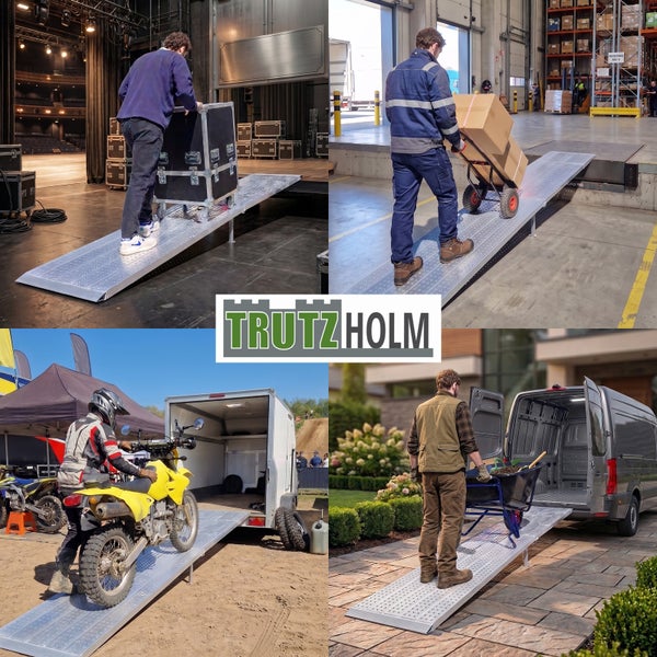 Trutzholm Logo mit vier Einsatzbeispielen einer rutschfesten Auffahrrampe aus Metall beim Transport von Geräten, Motorrädern und Waren.