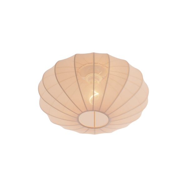 Runde Deckenleuchte mit geripptem Stoffschirm und warmer Beleuchtung.