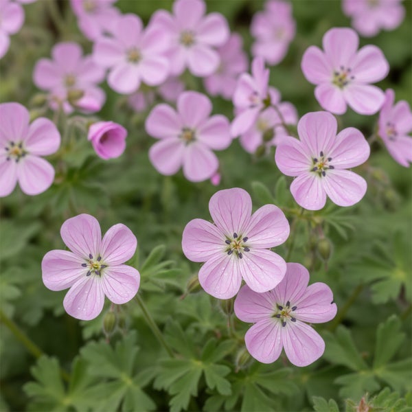 Nahaufnahme von blühendem Storchschnabel mit rosa Blüten und grünen Blättern.