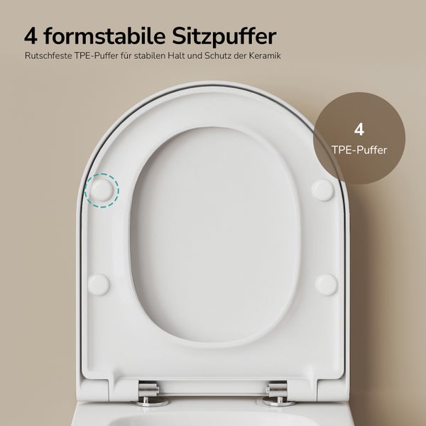 Unterseite eines weißen Toilettensitzes mit vier formstabilen TPE-Sitzpuffern für einen stabilen Halt und den Schutz der Keramik.
