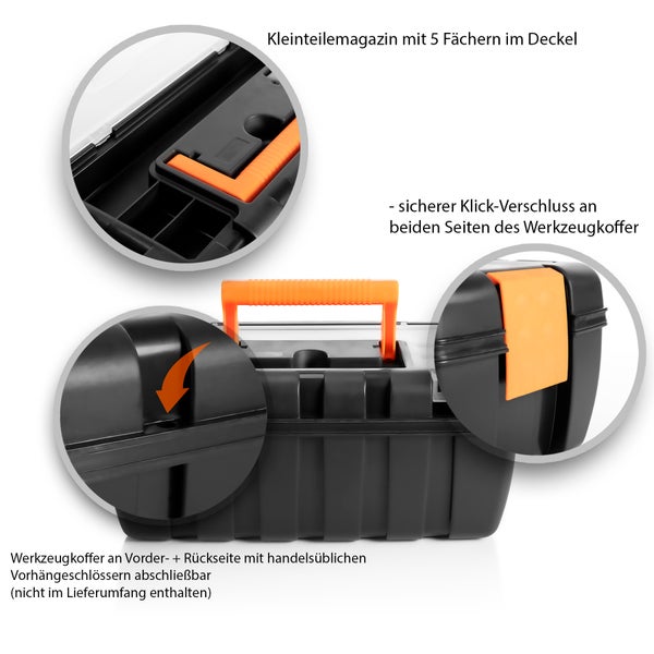 BigDean Werkzeugkoffer leer - aus Hart-Kunststoff - 37x20x16cm - Werkzeugkiste mit Innenablage & Kleinteile Magazin - Toolbox Werkzeugkasten Koffer Kiste Werkzeug Box für Heim- & Handwerker