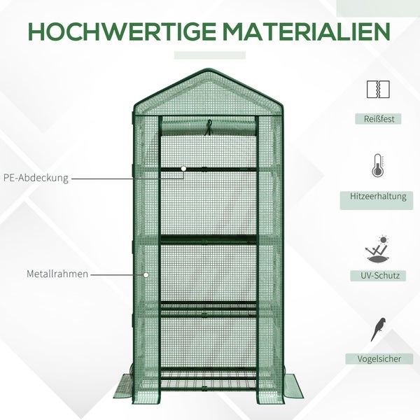 Outsunny Mini-Gewächshaus, Anzuchtgewächshaus mit Folienabdeckung und 4 Regalböden Regale Rolltür, 69 x 49 x 158 cm, Metall, PE, Grün