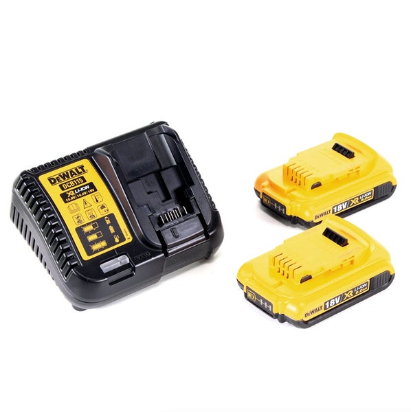 DeWalt Akku-Ladegerät DCB115 und zwei Akkus mit 18 Volt und 2,0 Amperestunden.
