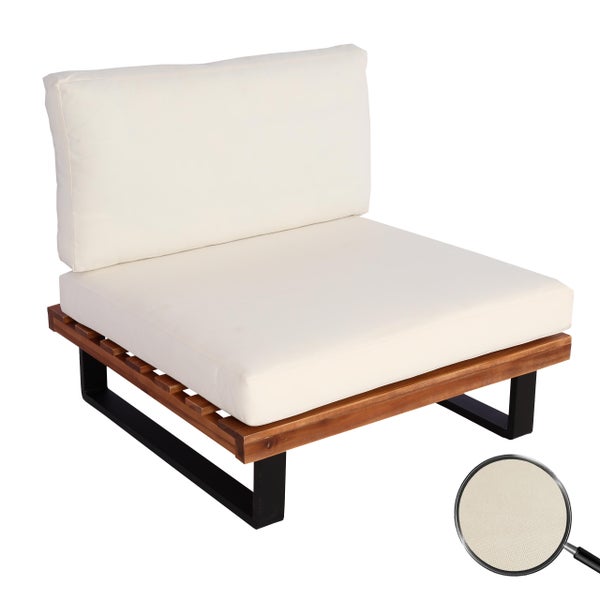 Garten-Lounge-Sessel ohne Armlehnen mit Holzrahmen, Metallbeinen und Polstern sowie Detailansicht des Stoffes.