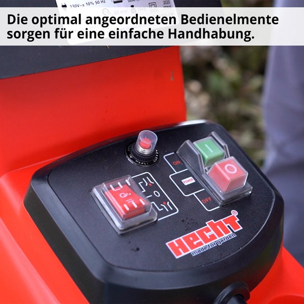 Bedienfeld einer Gartenhäckslers mit Schaltern und Hecht Logo