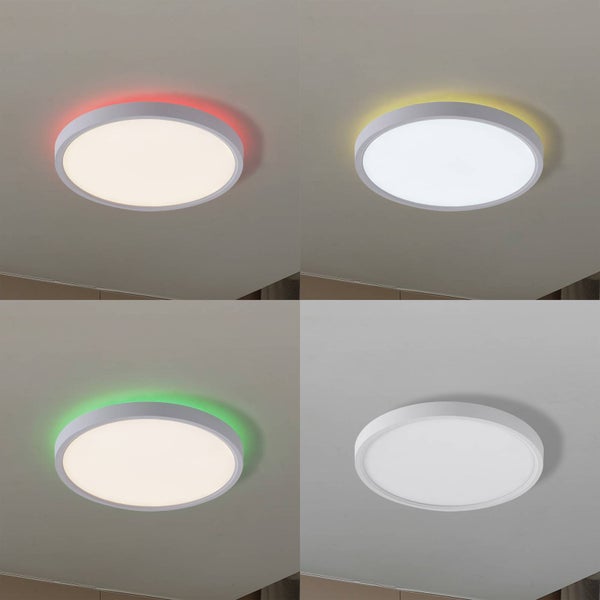 Runde LED-Deckenleuchte mit farbigem Backlight in Rot, Gelb und Grün sowie neutralem Licht.