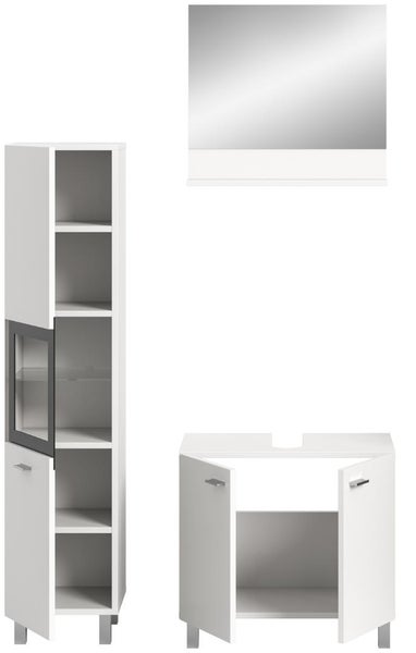 Badezimmermöbel-Set bestehend aus einem Hochschrank mit Regalfächern und Glaseinsatz, einem Waschbeckenunterschrank mit zwei Türen und einem Spiegel.