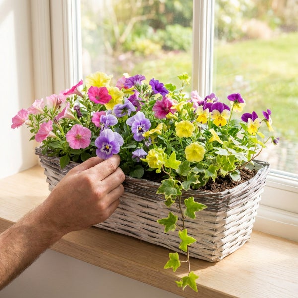 Hand berührt bunten Blumenkasten mit Stiefmütterchen und Efeu auf einer Fensterbank