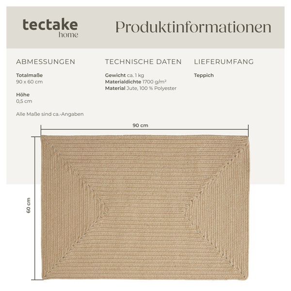 Geflochtener Teppich tectake strapazierfähig und pflegeleicht verschiedene Größen 60 x 90 cm