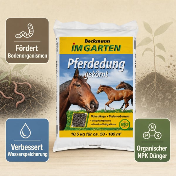 Sack mit gekörntem Beckmann Pferdedung, ein organischer NPK Dünger und Bodenverbesserer für Gärten mit 10,5 Kilogramm Inhalt.