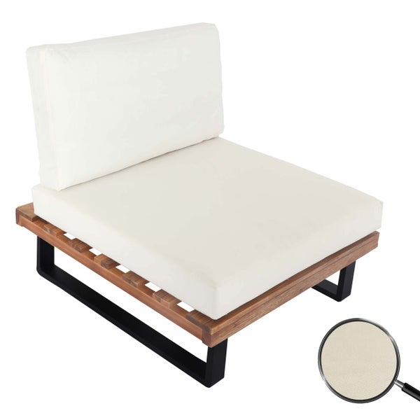 Outdoor Lounge-Sessel-Modul mit Holzgestell, schwarzen Metallfüßen und cremeweißen Polstern, inklusive Detailansicht der Stoffstruktur.