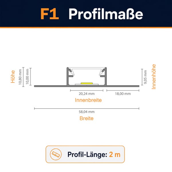 Technische Zeichnung mit Maßangaben für ein F1 Einbauprofil aus Metall für LED Streifen mit einer Profillänge von 2 Meter.