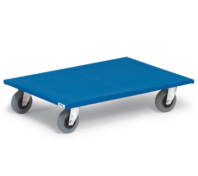 Transportroller mit blauer Ladefläche und vier Lenkrollen