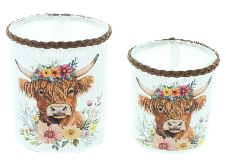 FRANK FLECHTWAREN|Windlicht Stier mit Blumenkranz, 2er Set, 7 x 7 x 8 cm, 8 x 8x 10 cm, GLAS, BAUMWOLLE, KUNSTLEDER