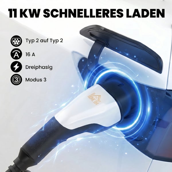 Elektroauto Ladekabel Typ 2 auf Typ 2 mit 11 Kilowatt Leistung, 16 Ampere, dreiphasig und Lademodus 3 mit Homecom Logo.