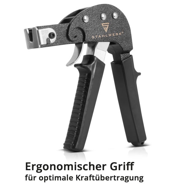 Stahlwerk Kabelbinderzange aus Metall mit ergonomischem Griff für optimale Kraftübertragung und Stahlwerk Logo.