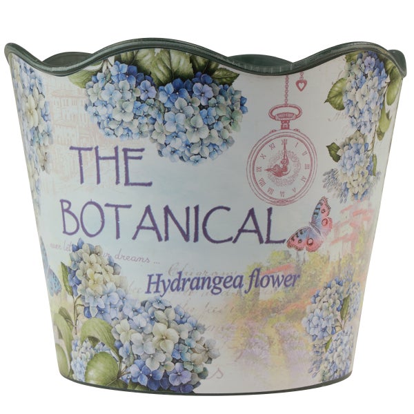 Übertopf mit Hortensien-Motiv, Botanical-Schriftzug und gewelltem Rand