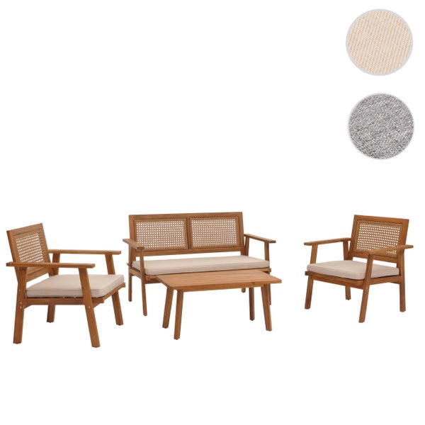 Garten-Lounge-Set aus Holz mit Rattangeflecht, bestehend aus Sofa, zwei Sesseln und Tisch, inklusive Sitzpolstern und Stoffmustern.