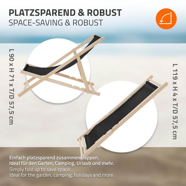 Klappbarer Holz-Liegestuhl, offen und geschlossen. Maße offen 90x71x57,5 Zentimeter, geklappt 119x4x57,5 Zentimeter. Für Garten und Camping.