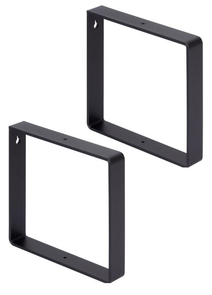 Zwei quadratische Wandregalhalterungen aus Metall mit Befestigungslöchern für eine einfache Montage an der Wand.