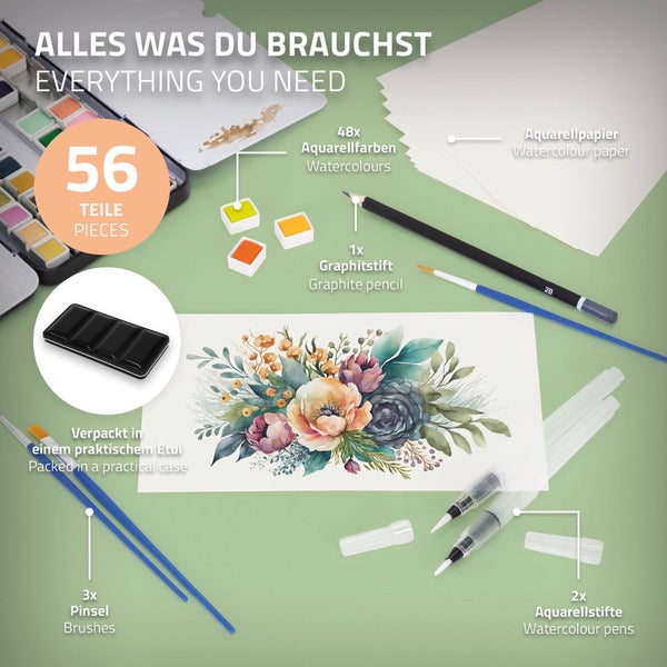ECD Germany Aquarellfarben Set 48 Farben in tragbarer Box, inkl. 3 Pinsel, 1 Bleistift 2B, 2 Aquarellstift, 4 Aquarellpapier, Vollaquarell-Palette, Malkasten, Wasserfarben Set für Anfänger und Profis