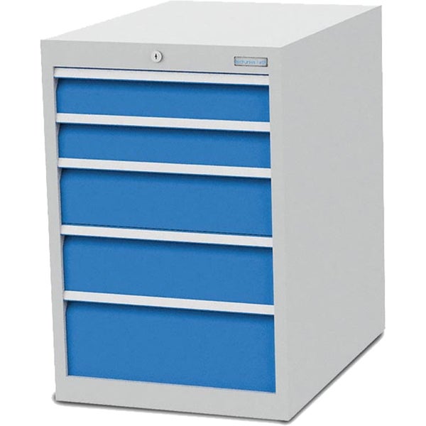 Hellgrauer Werkstattschrank mit fünf blauen Schubladen und Zentralschloss aus Stahl.