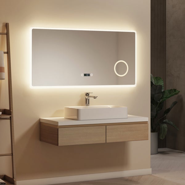 EMKE LED Badspiegel mit Beleuchtung 100 x 60 cm, 5 mm Kupferfreier Silberspiegel, Touchschalter, LED-Uhranzeige, 3 Lichtfarben, 3-fach Vergrößerung