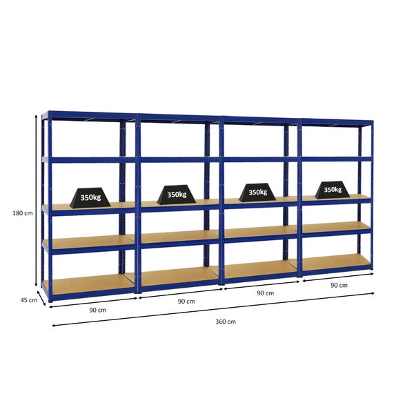 PROREGAL Mega Deal 4x Schwerlastregal Slim Elephant S HxBxT 180 x 90 x 45 cm 5 Ebenen Fachlast 350 kg Blau