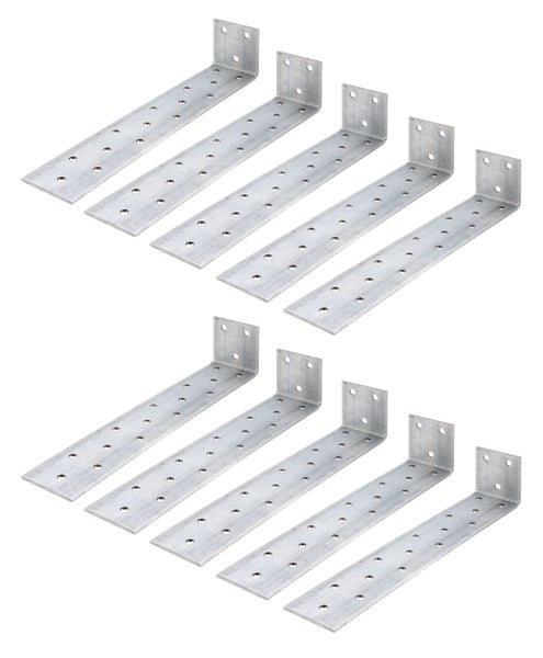 Set aus zehn verzinkten Stahl Balkenschuhen oder Winkelverbindern mit Lochung für die Holzverbindung.