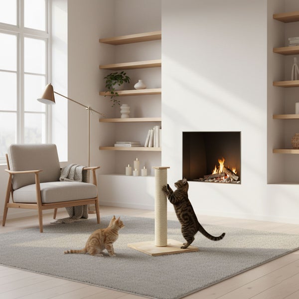 Ein moderner Wohnbereich mit Kamin, Sesseln, Holzregalen und einem Kratzbaum, an dem eine Katze spielt, während eine andere Katze zuschaut.