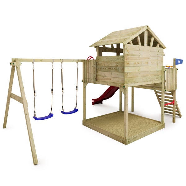 WICKEY Spielturm Klettergerüst Smart Peak mit Schaukel und Rutsche, Stelzenhaus mit Sandkasten, Kletterleiter und Spiel-Zubehör - rot