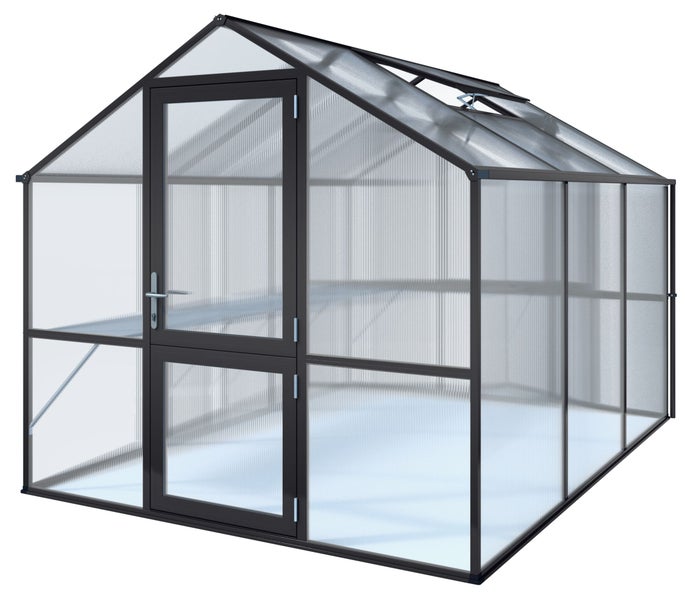 Gewächshaus mit Aluminiumrahmen und Doppelstegplatten aus Polycarbonat, inklusive abschließbarer Tür und Dachfenster.