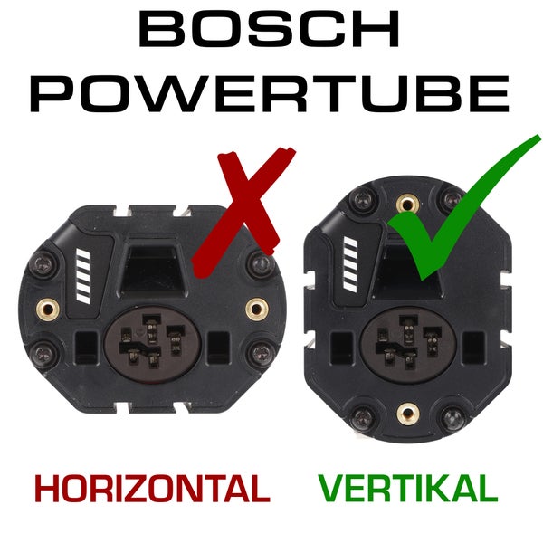 Bosch PowerTube Akku Anschlussbuchse Vergleich zwischen horizontaler und vertikaler Ausrichtung