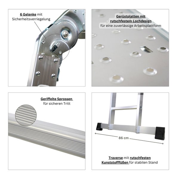 Sprossen-Mehrzweckleiter MULTISTEP geprüft nach EN 131-Standard | mit Gerüstplattform | 4-teilig Aluminiumleiter | 4x4 Sprossen | bis zu 4,6 m Höhe | Traglast 150kg | Arbeitsgerüst, Stehleiter & Anlegeleiter