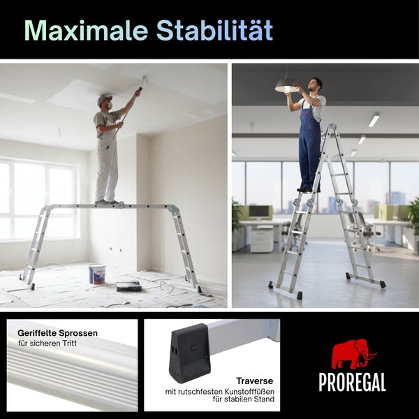 Mehrzweckleiter aus Aluminium als Arbeitsbühne und Stehleiter mit geriffelten Sprossen und rutschfesten Standfüßen. Proregal Logo.