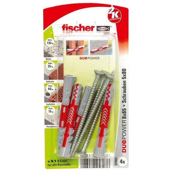 Fischer Dübel und Schrauben DuoPower 8x65 plus Schrauben 5x80, Viererpackung