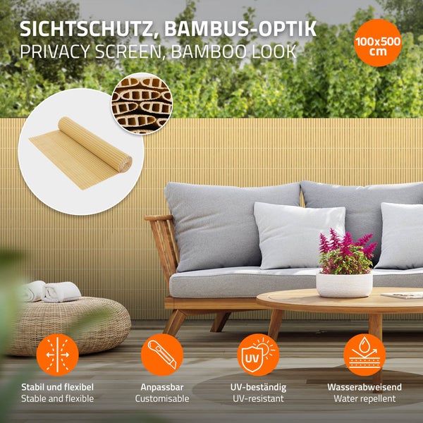 ECD Germany PVC Sichtschutzmatte 100x500 cm, Bambus, Sichtschutzzaun 3-Gewicht-Verstärkung, UV-beständig, Wasserdicht, Windschutz Balkonverkleidung Zaunblende Sichtschutz für Garten Balkon Terrasse