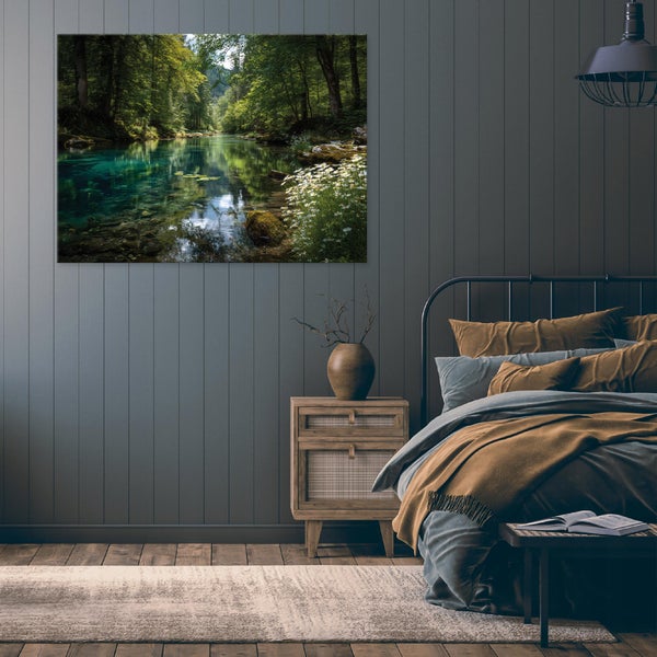 Wandbild mit Wald- und Flusslandschaft über einem Schlafzimmerbett mit Nachttisch in einem modern gestalteten Raum.