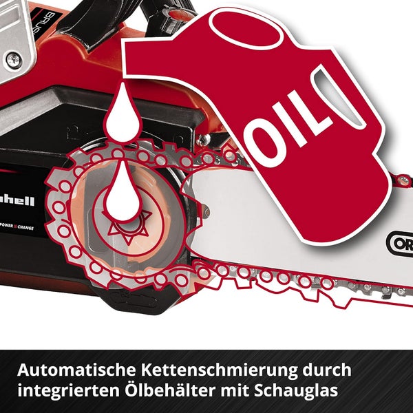 Automatische Kettenschmierung durch integrierten Ölbehälter mit Schauglas bei einer Kettensäge.