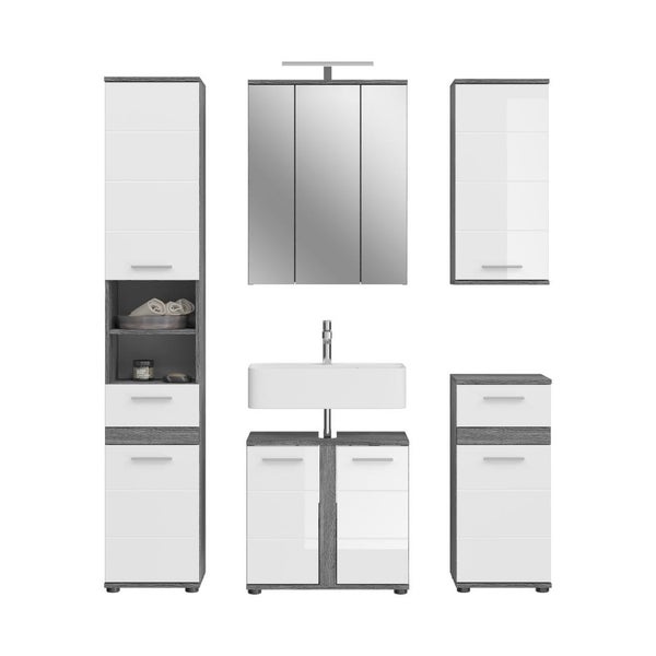 Maßskizze Badezimmermöbel: Hochschrank, Spiegelschrank, Hängeschrank, Unterschrank und Beistellschrank. Maße in Zentimetern.